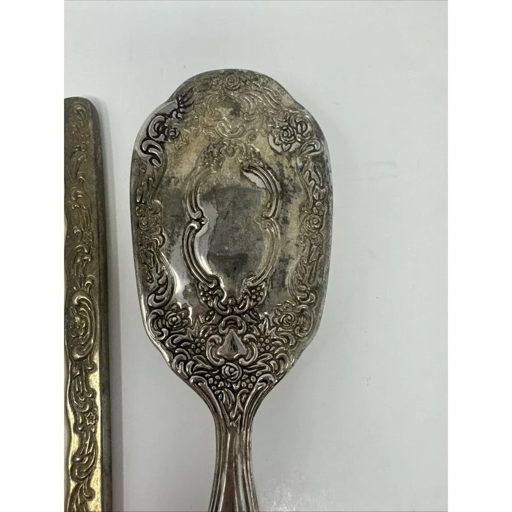 Silver Plated Vanity Set Vtg Hand Mirror Hair Brush Comb Victorian Art Nouveau